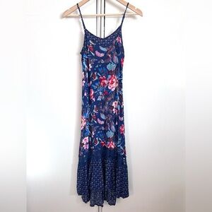 Floral Midi Slip Dress with Lace Cutouts Ruffle Hem Size Small